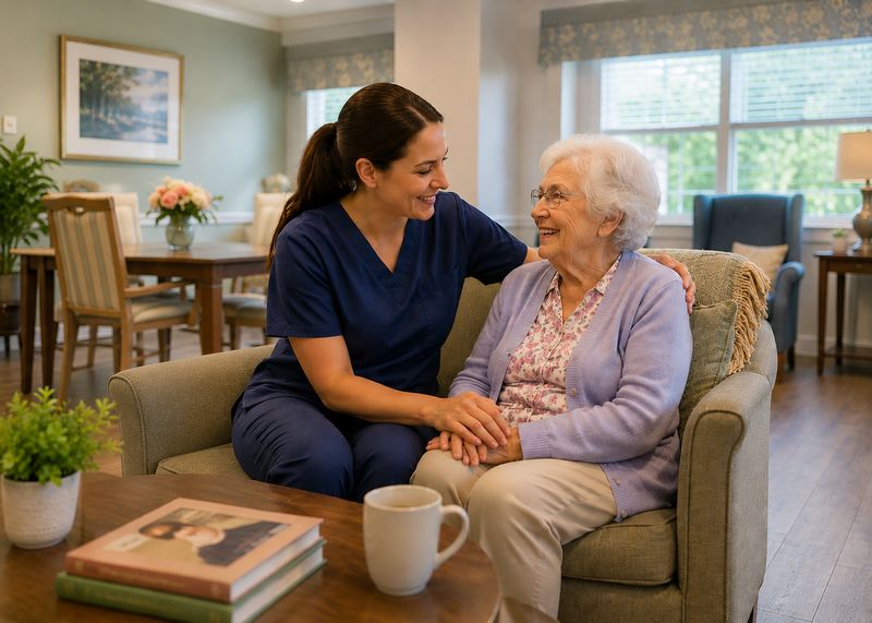 Caring staff with resident at Midway Neurological & Rehabilitation